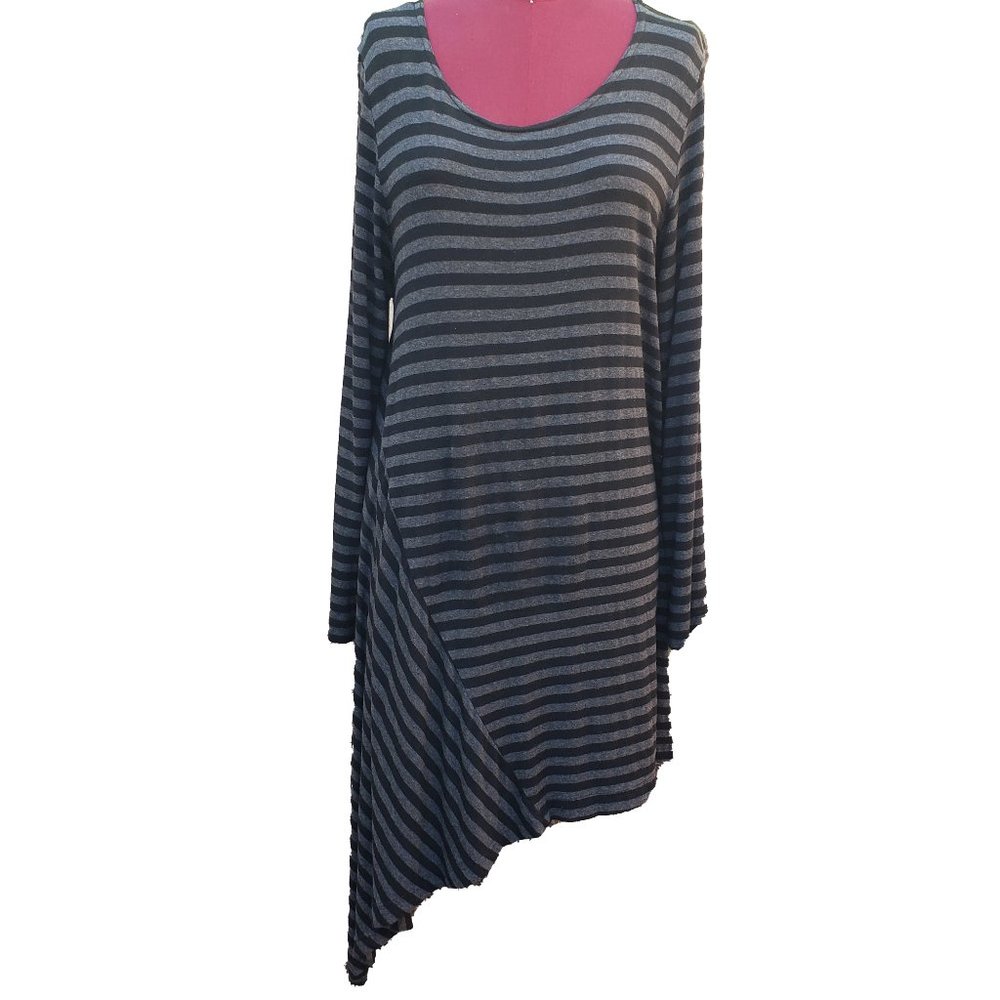 Bryn Walker T-Shirt Trapeze Dress XS Black Charcoal Stripes Jersey Scoop Neck